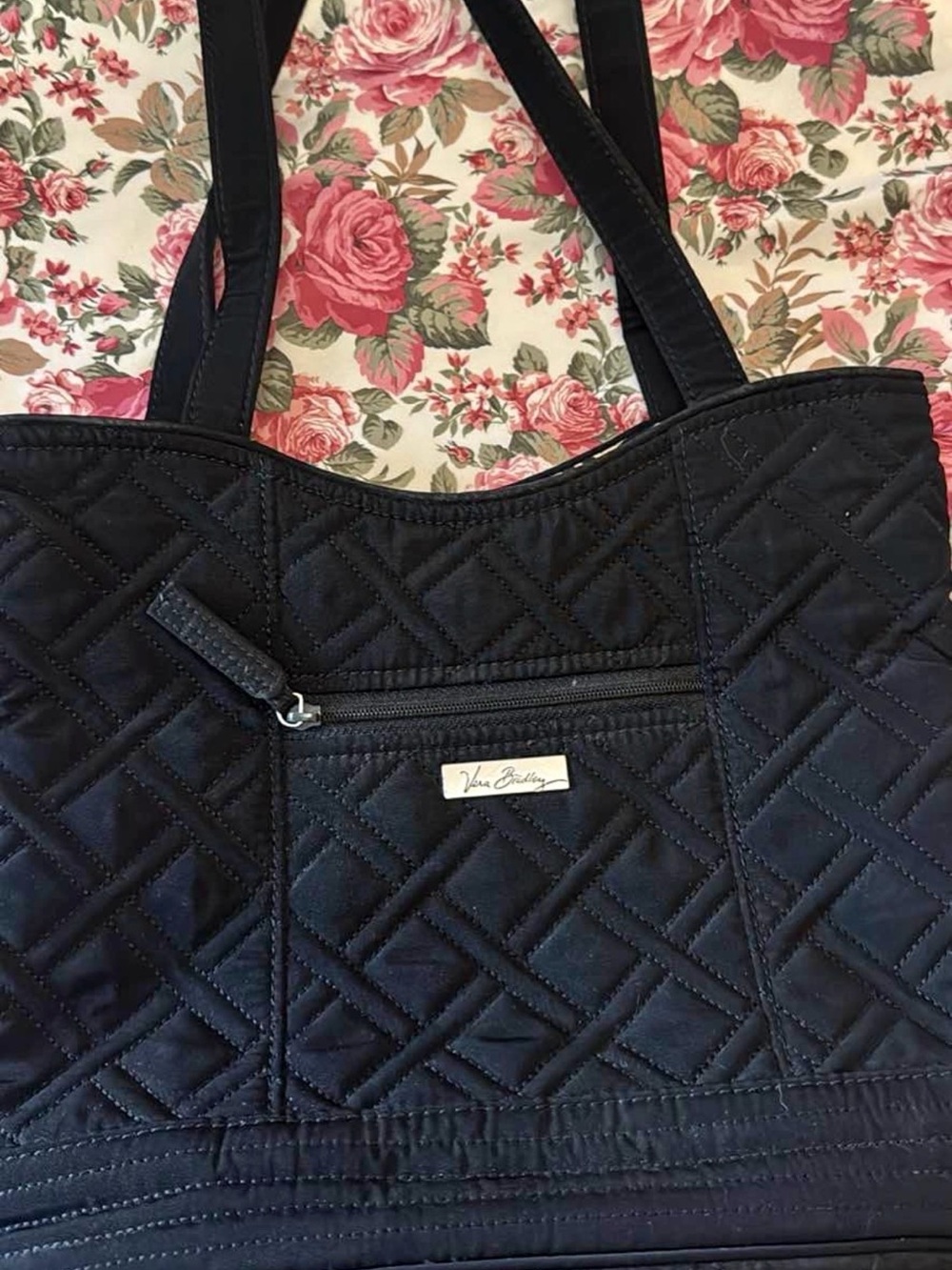 Vera Bradley Black Quilted Shoulder Tote with Front Zip Pocket